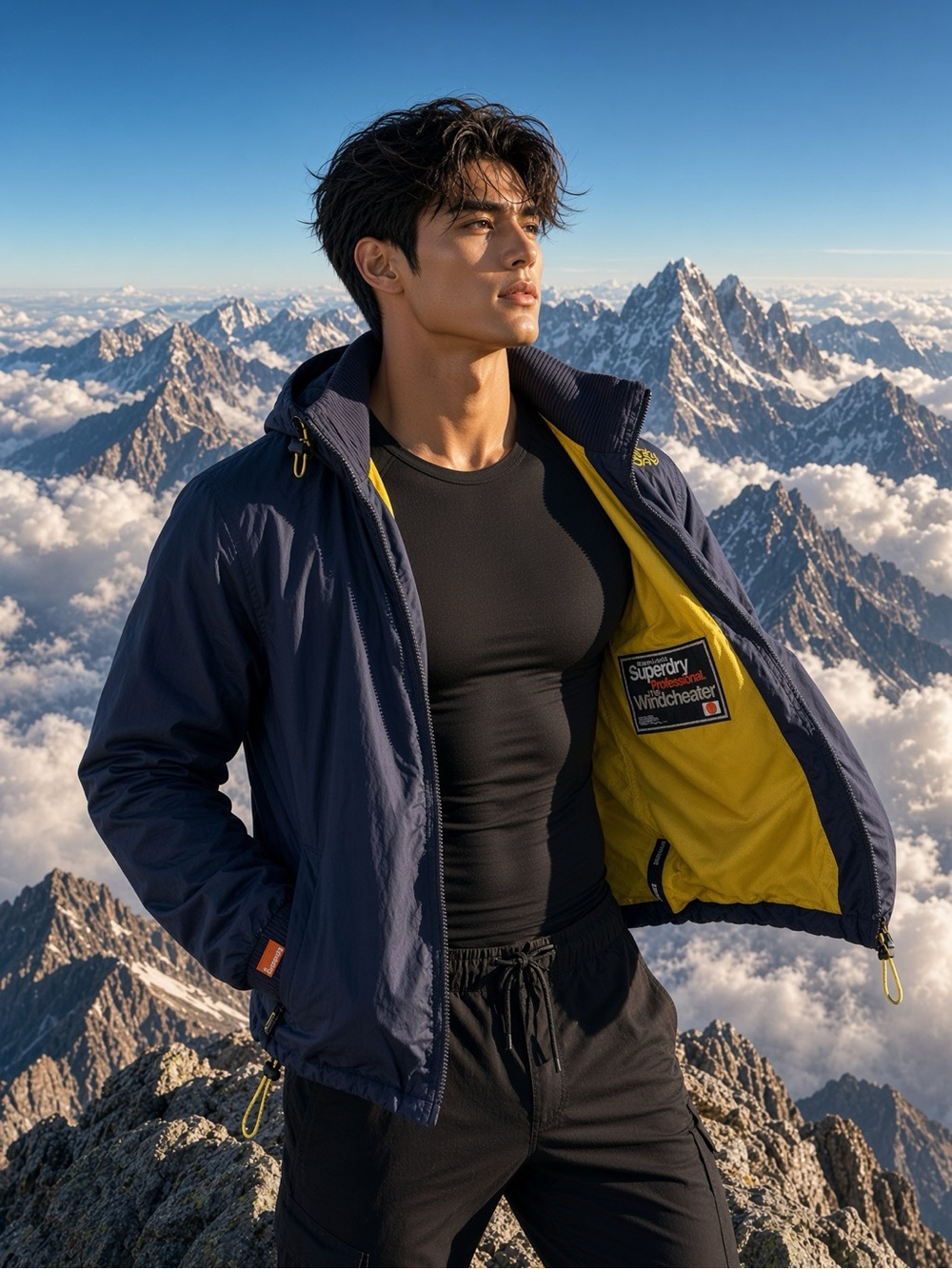 Superdry Men’s Navy professional Windcheater Jacket with Yellow Lining L